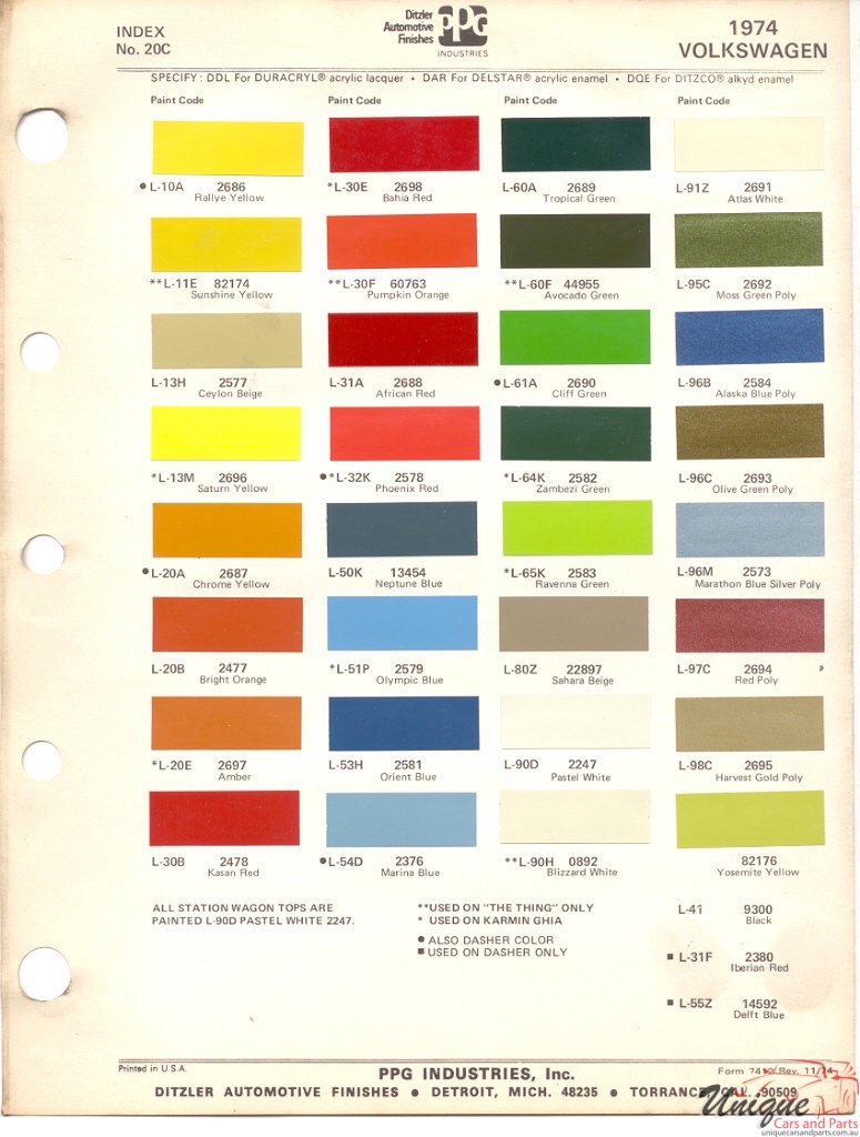 1974 Volkswagen Paint Charts PPG 1